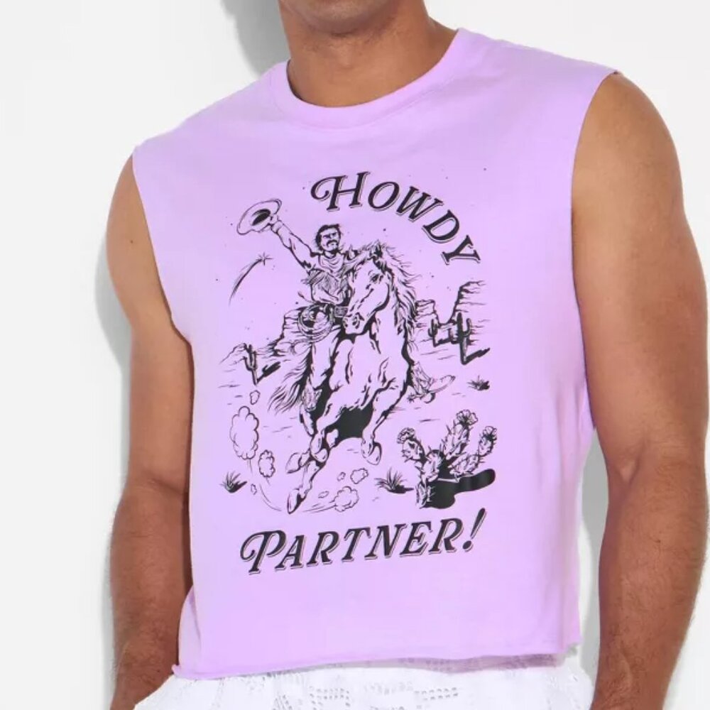 Pride Adult Muscle Cutoff 'Howdy Partner' Violet Tank Top (M)